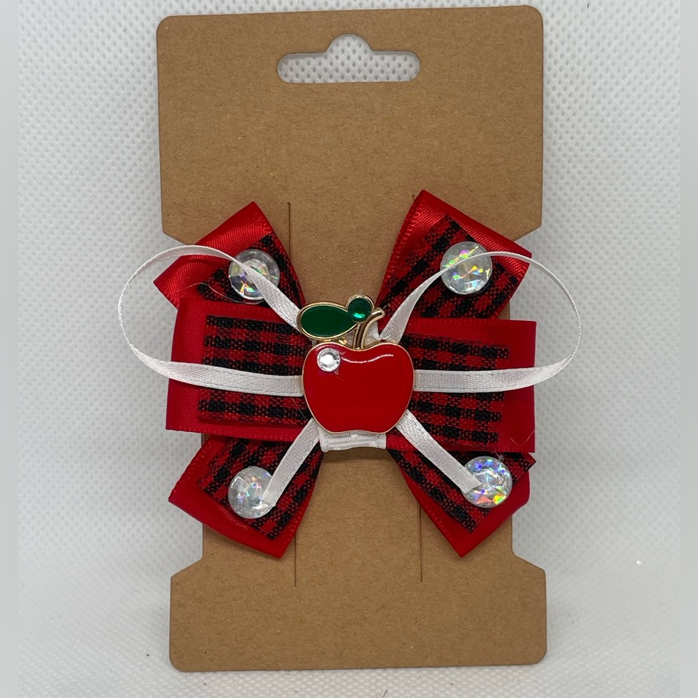 Red and Black Plaid Bow with Apple Accent